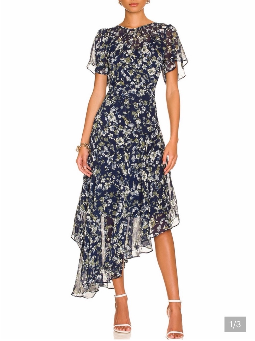 Astr Navy Floral Asymmetrical Midi Skirt